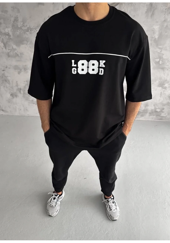 Erkek Kısa Kol Yazlık Tişört Bisiklet Yaka Baskılı Oversize T-Shirt - Siyah