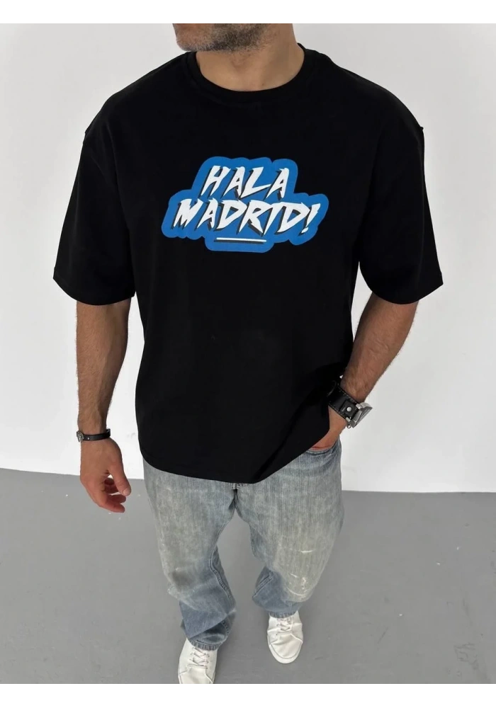 ERKEK Tişört Bisiklet Yaka Baskılı Oversize T-Shirt - Siyah