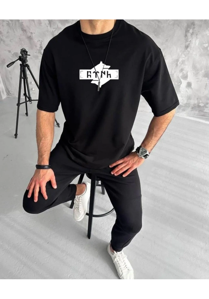 Erkek Kısa Kol Yazlık Tişört Bisiklet Yaka Baskılı Oversize T-Shirt - Siyah