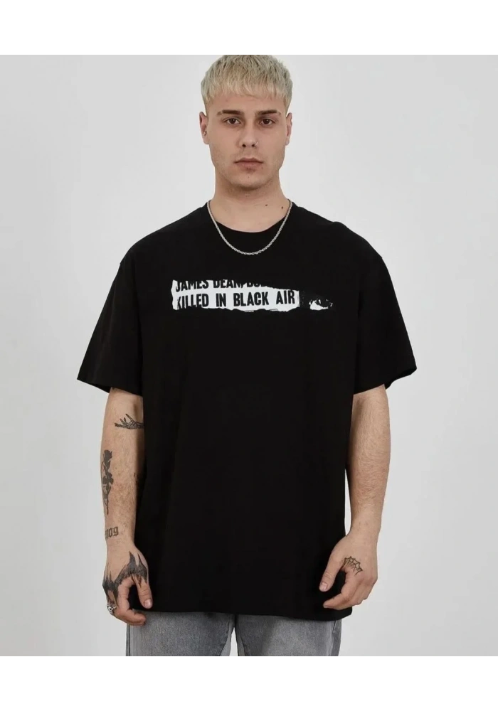 Erkek Kısa Kol Yazlık Tişört Bisiklet Yaka Baskılı Oversize T-Shirt - Siyah