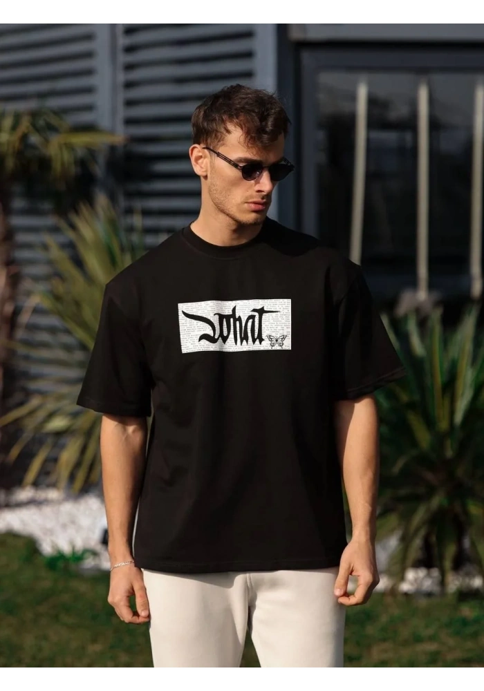 Erkek Kısa Kol Yazlık Tişört Bisiklet Yaka Baskılı Oversize T-Shirt - Siyah