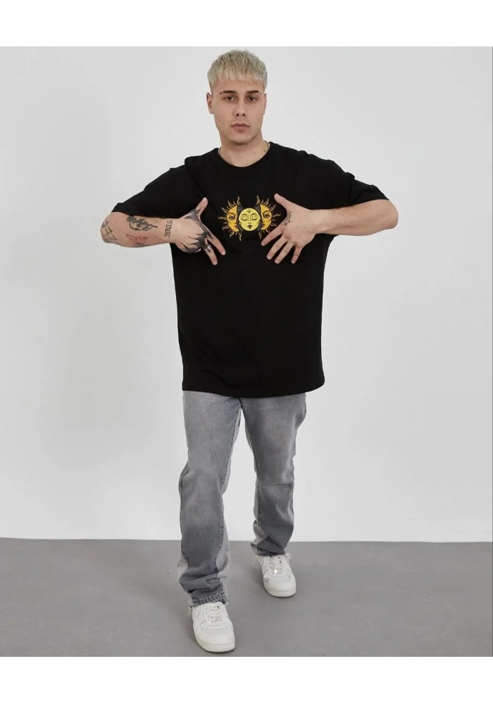 Erkek Kısa Kol Yazlık Tişört Bisiklet Yaka Baskılı Oversize T-Shirt - Siyah