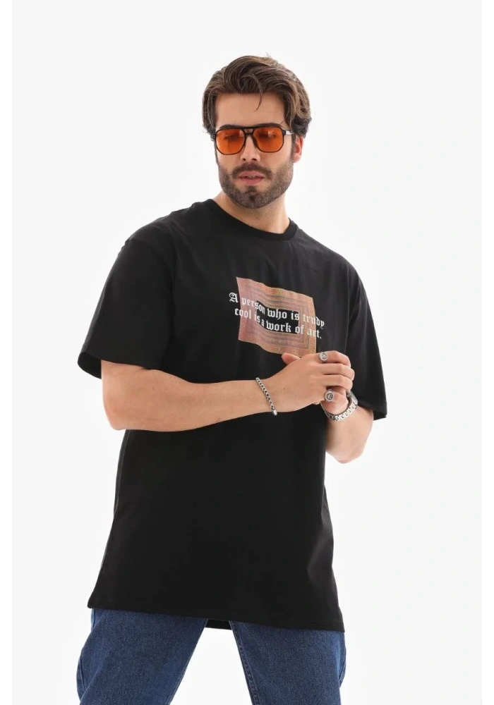 Erkek Baskılı T-Shirt Kısa Kol Bisiklet Yaka Regular Fit Rahat Kalıp Tişört -  Siyah