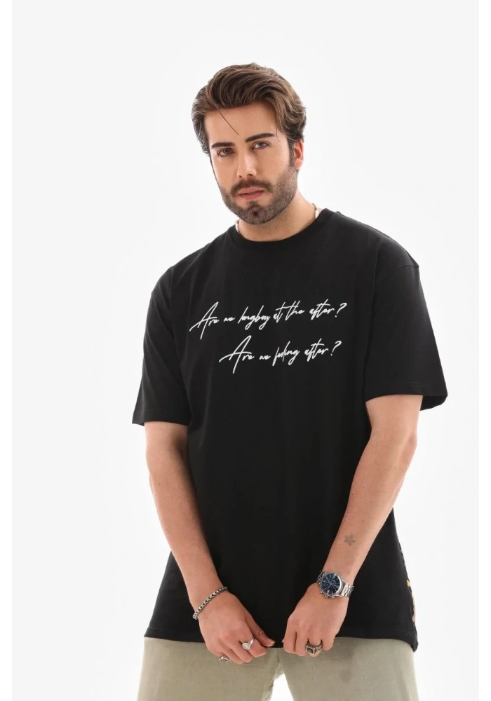 Erkek Kısa Kol Yazlık Tişört Bisiklet Yaka Baskılı Oversize T-Shirt - Siyah