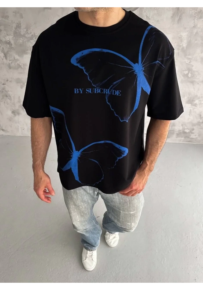 Erkek Kısa Kol Yazlık Tişört Bisiklet Yaka Baskılı Oversize T-Shirt - Siyah