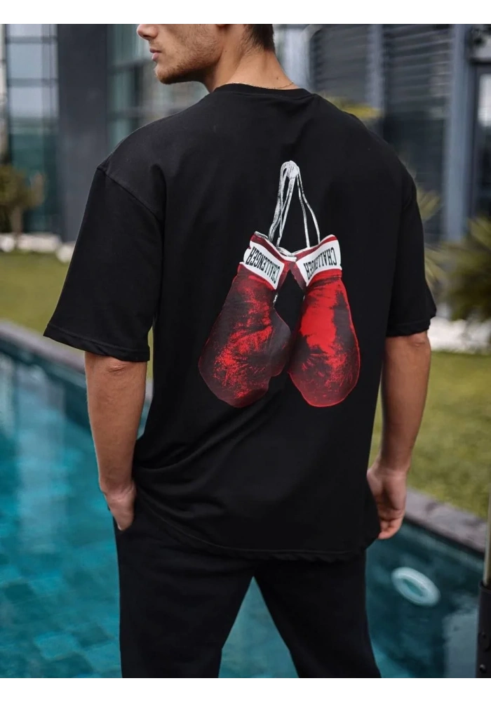 Erkek Kısa Kol Tişört Bisiklet Yaka Box Eldiven Baskılı T-Shirt -  Siyah