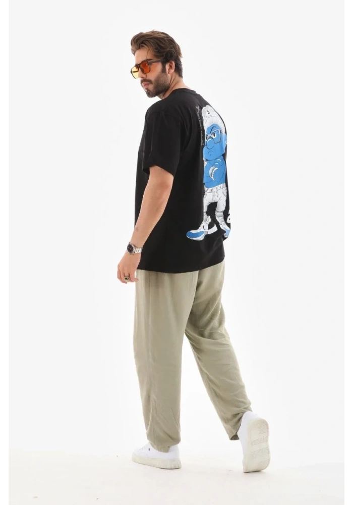 Erkek Kısa Kol Yazlık Tişört Bisiklet Yaka Baskılı Oversize T-Shirt - Siyah