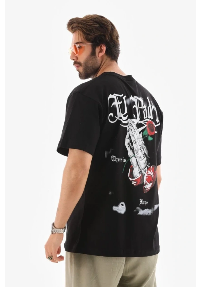 Erkek Kısa Kol Yazlık Tişört Bisiklet Yaka Baskılı Oversize T-Shirt - Siyah