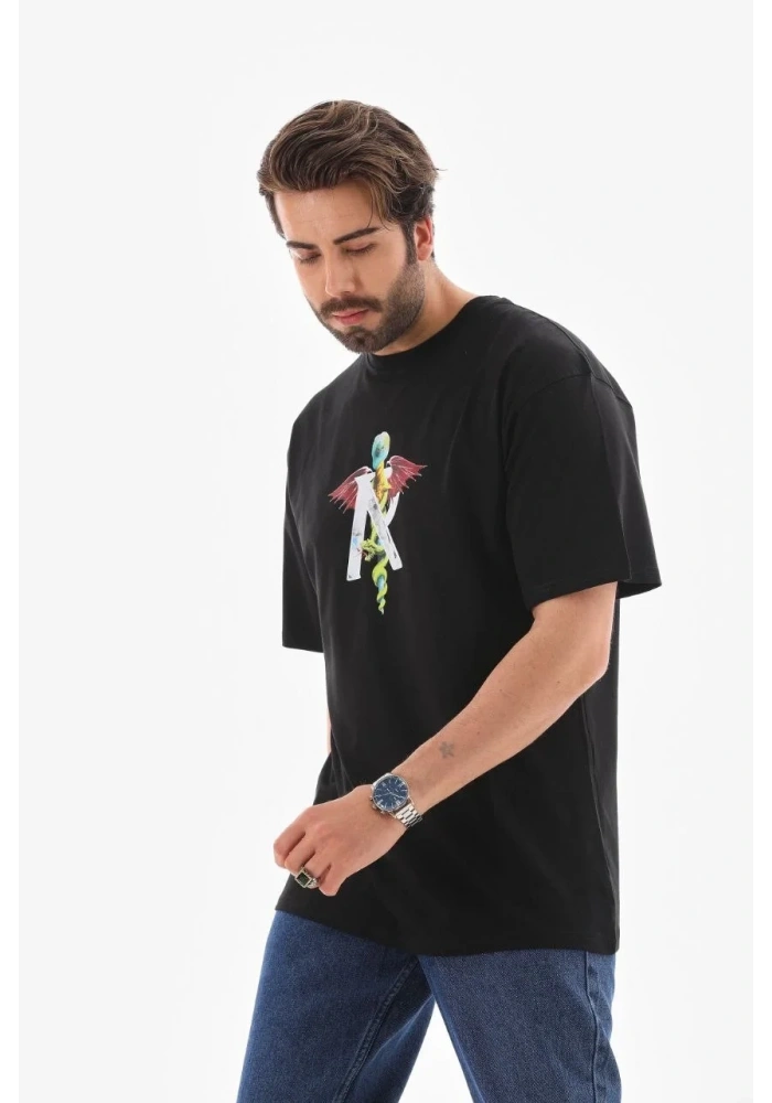 Erkek Baskılı T-Shirt Kısa Kol Bisiklet Yaka Regular Fit Rahat Kalıp Tişört -  Siyah