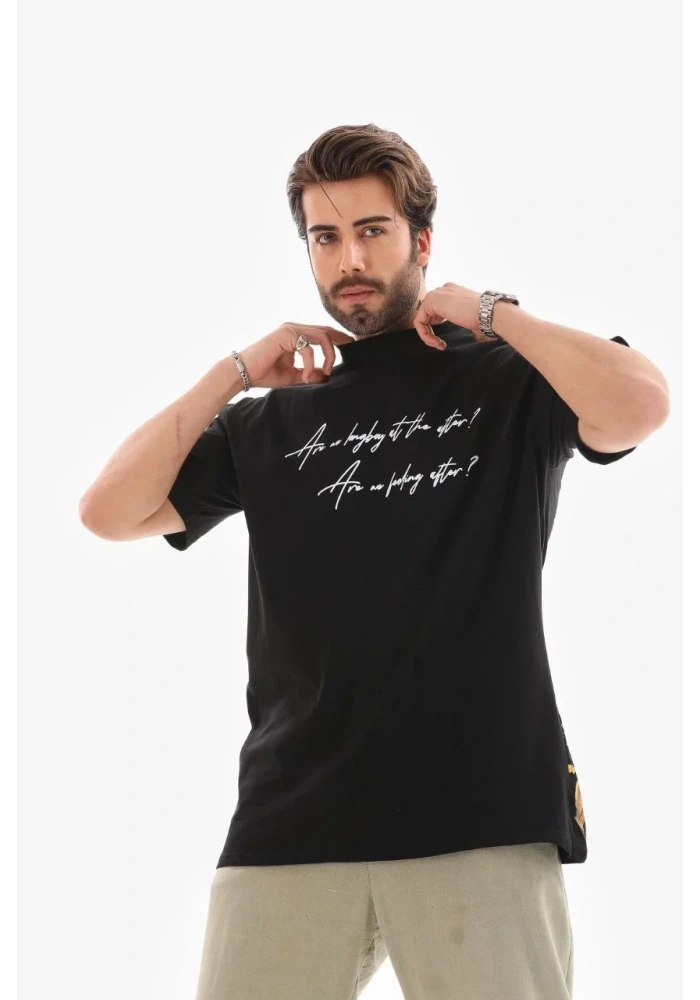 Erkek Kısa Kol Yazlık Tişört Bisiklet Yaka Baskılı Oversize T-Shirt - Siyah