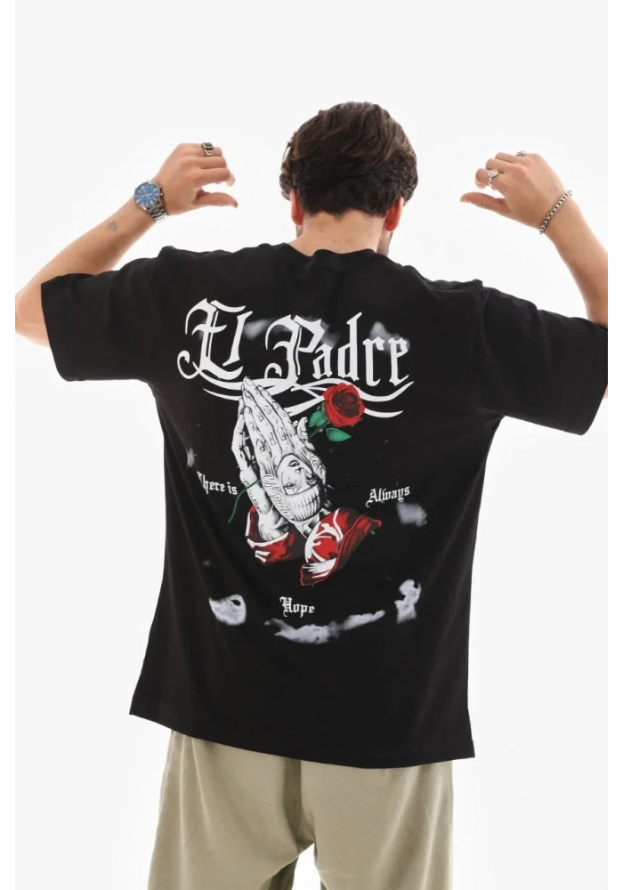 Erkek Kısa Kol Yazlık Tişört Bisiklet Yaka Baskılı Oversize T-Shirt - Siyah