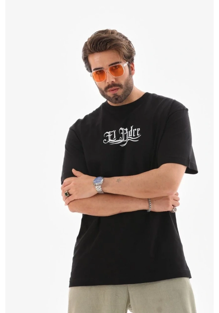 Erkek Kısa Kol Yazlık Tişört Bisiklet Yaka Baskılı Oversize T-Shirt - Siyah