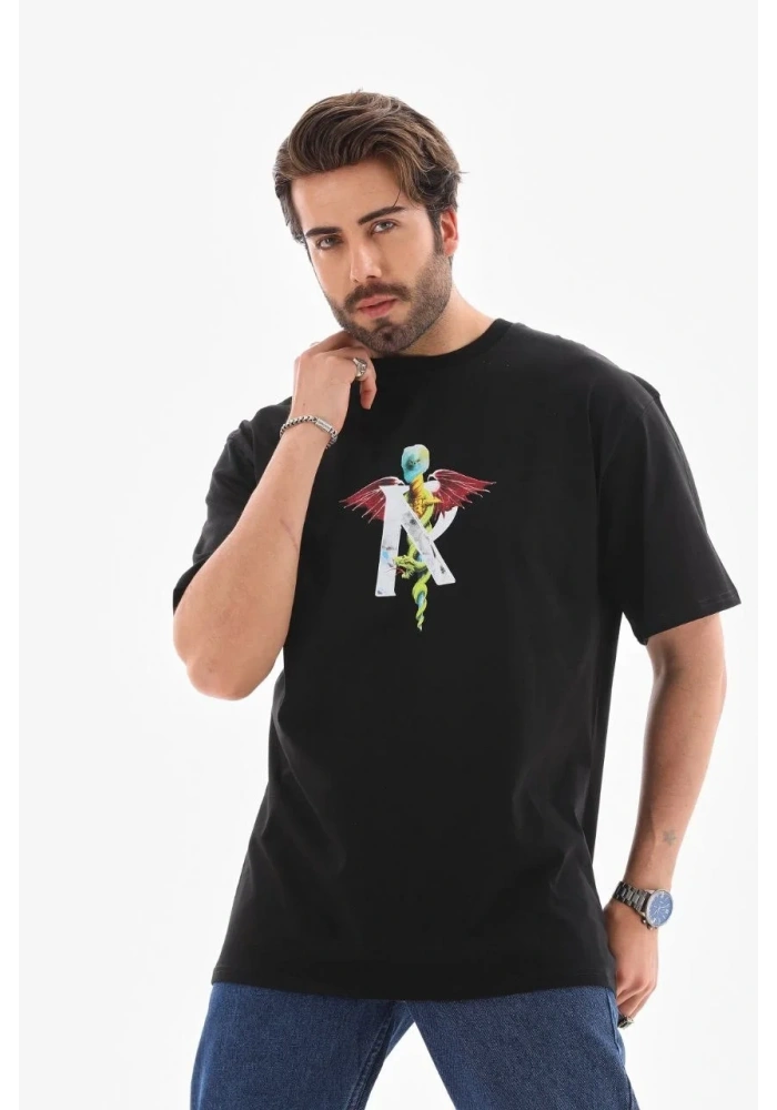 Erkek Baskılı T-Shirt Kısa Kol Bisiklet Yaka Regular Fit Rahat Kalıp Tişört -  Siyah