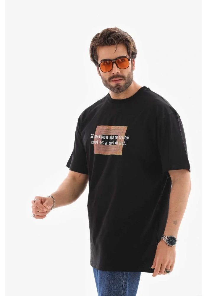 Erkek Baskılı T-Shirt Kısa Kol Bisiklet Yaka Regular Fit Rahat Kalıp Tişört -  Siyah