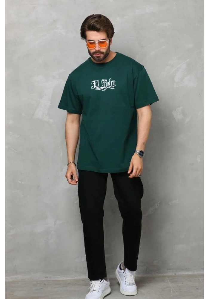 Erkek Kısa Kol Yazlık Tişört Bisiklet Yaka Baskılı Oversize T-Shirt - Yeşil