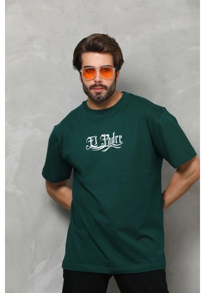 Erkek Kısa Kol Yazlık Tişört Bisiklet Yaka Baskılı Oversize T-Shirt - Yeşil