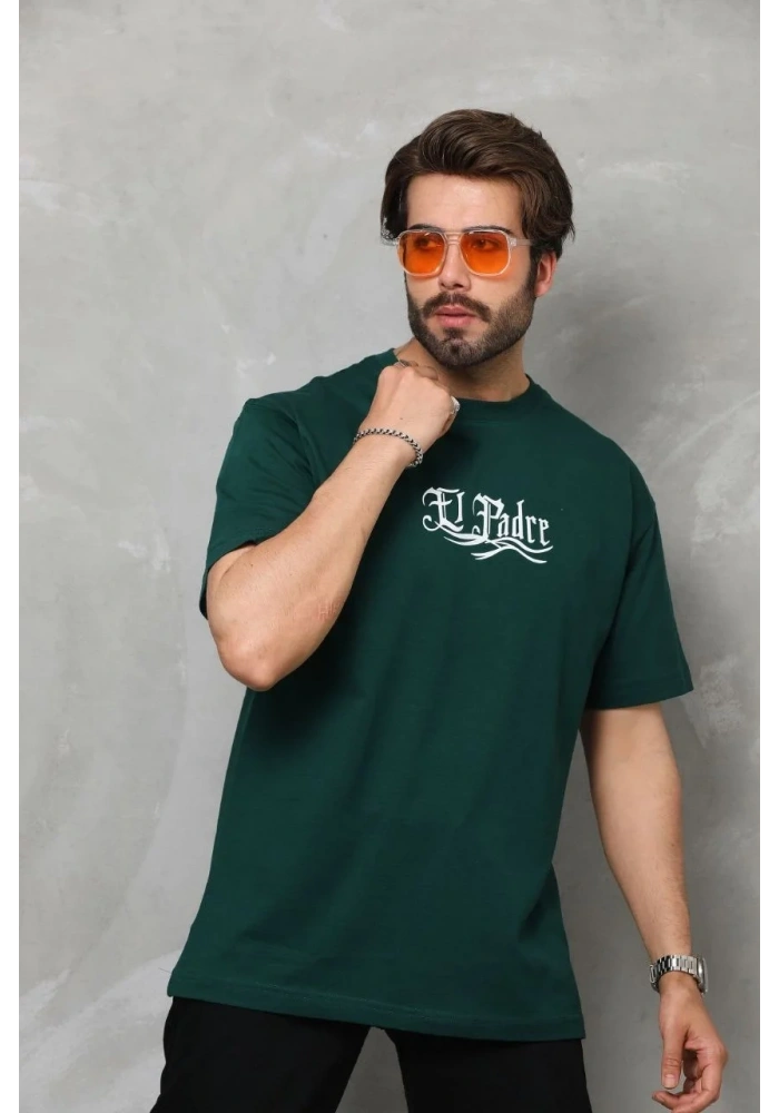 Erkek Kısa Kol Yazlık Tişört Bisiklet Yaka Baskılı Oversize T-Shirt - Yeşil