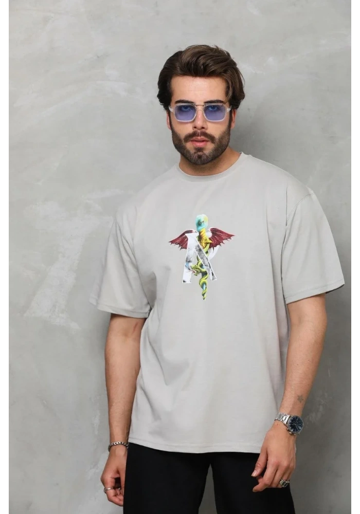 Erkek Baskılı T-Shirt Kısa Kol Bisiklet Yaka Regular Fit Rahat Kalıp Tişört -  Gri