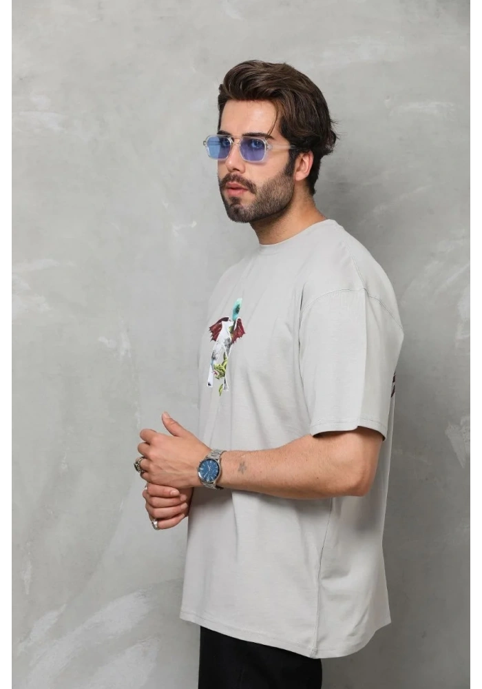 Erkek Baskılı T-Shirt Kısa Kol Bisiklet Yaka Regular Fit Rahat Kalıp Tişört -  Gri