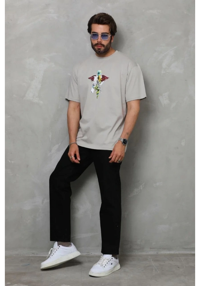 Erkek Baskılı T-Shirt Kısa Kol Bisiklet Yaka Regular Fit Rahat Kalıp Tişört -  Gri