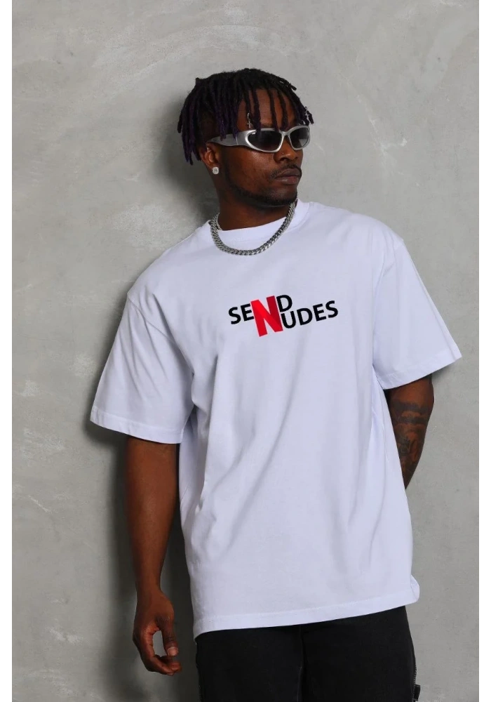 Erkek Kısa Kol Yazlık Tişört Bisiklet Yaka Baskılı Oversize T-Shirt - Beyaz