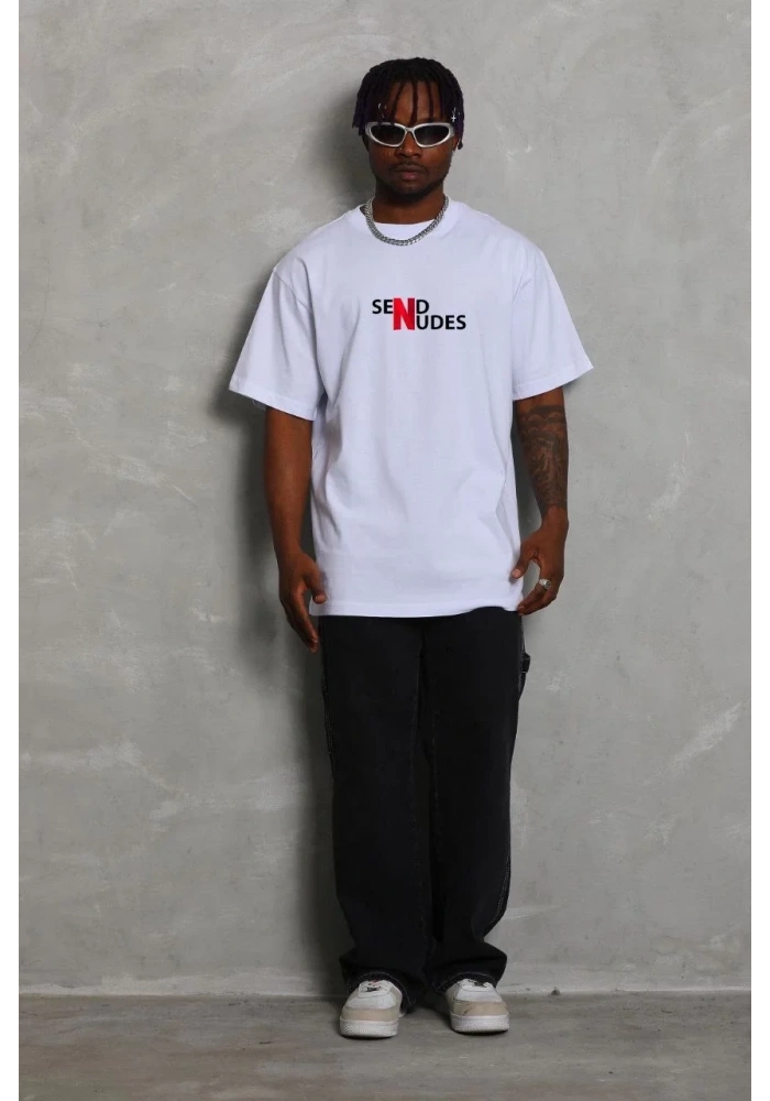 Erkek Kısa Kol Yazlık Tişört Bisiklet Yaka Baskılı Oversize T-Shirt - Beyaz