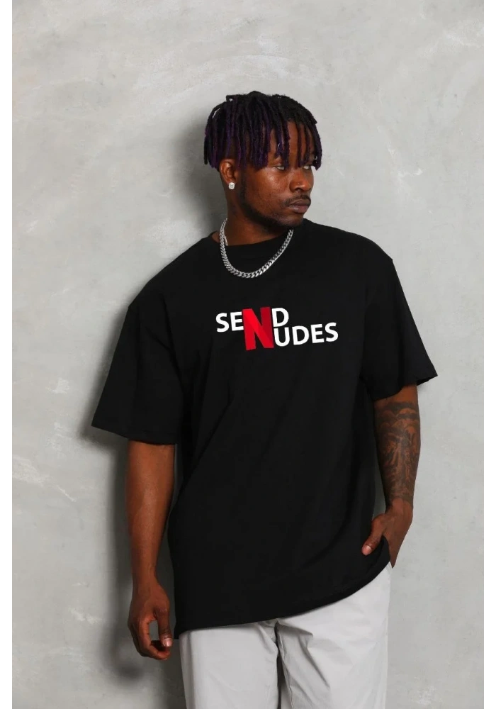 Erkek Kısa Kol Yazlık Tişört Bisiklet Yaka Baskılı Oversize T-Shirt - Siyah