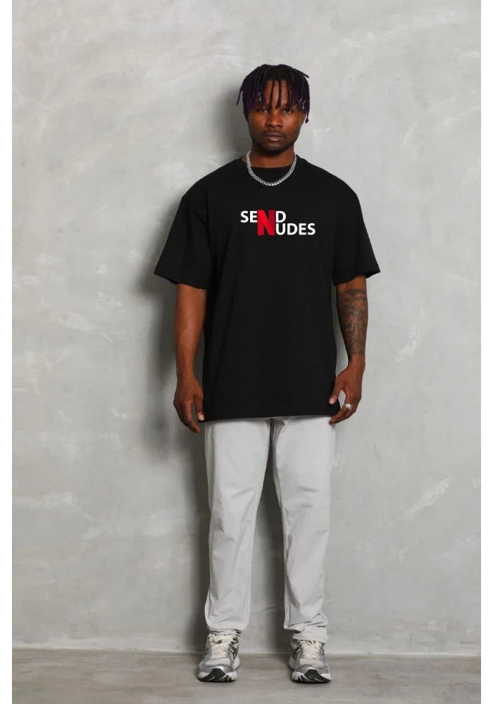 Erkek Kısa Kol Yazlık Tişört Bisiklet Yaka Baskılı Oversize T-Shirt - Siyah