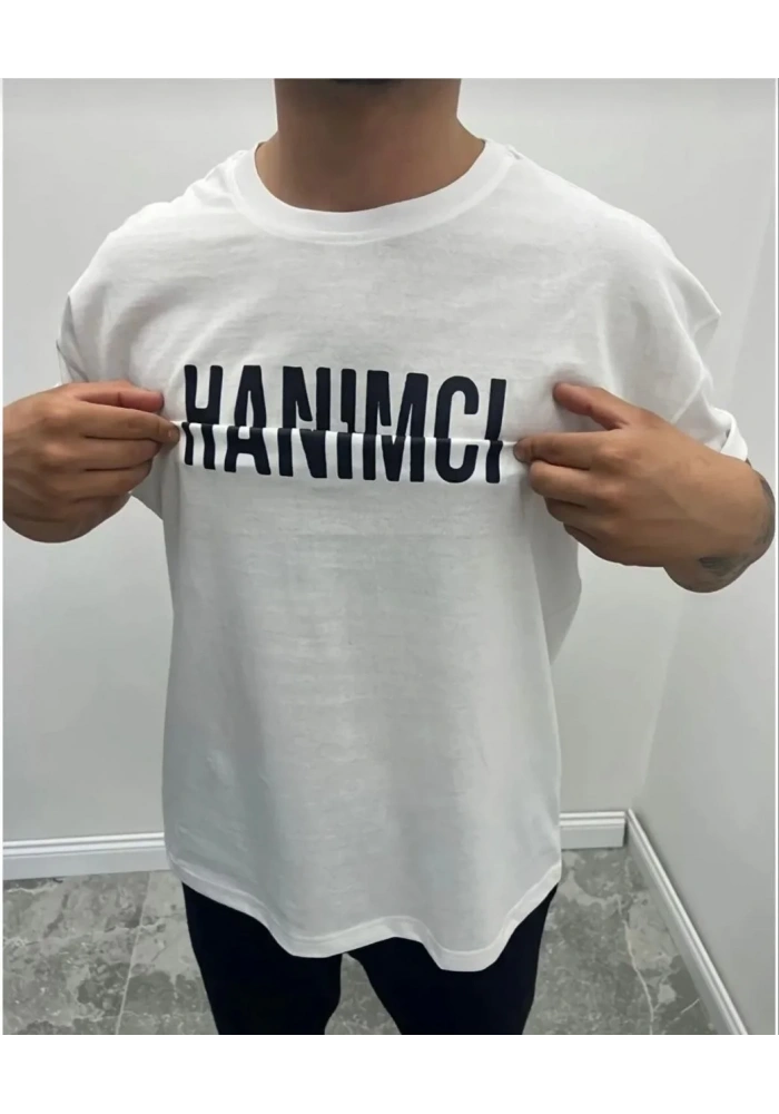 Erkek Tişört Kısa Kol Bisiklet Yaka Katlanan HANIMCI Baskılı T-Shirt - Beyaz