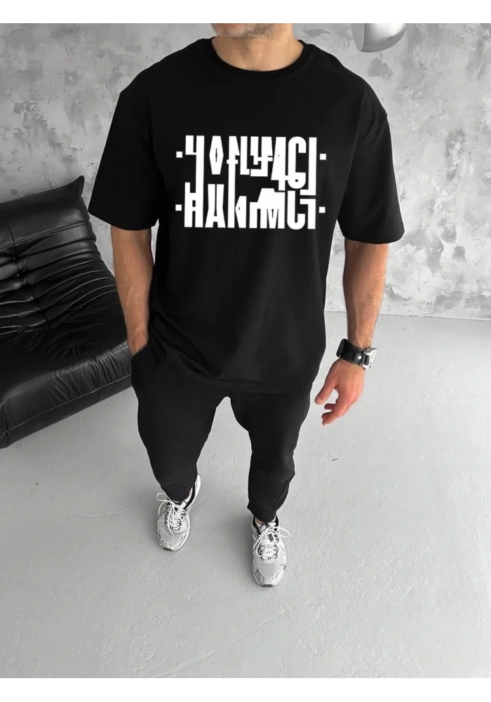 Erkek Tişört Kısa Kol Bisiklet Yaka Katlanan HANIMCI Baskılı T-Shirt - Siyah
