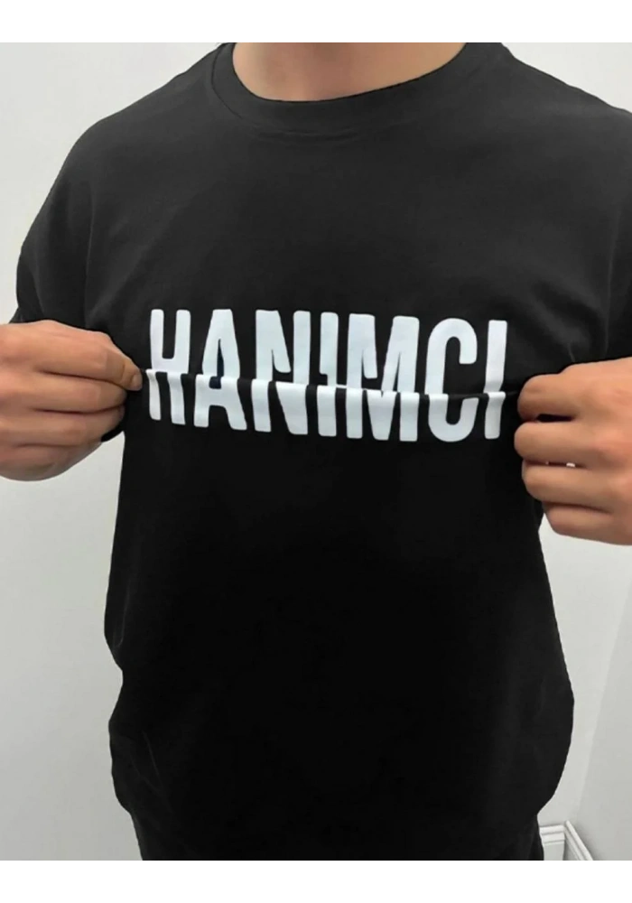 Erkek Tişört Kısa Kol Bisiklet Yaka Katlanan HANIMCI Baskılı T-Shirt - Siyah