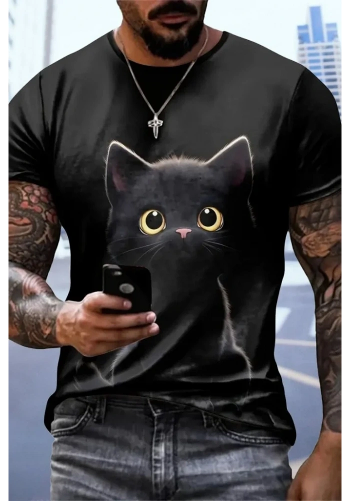 Erkek Bisiklet Yaka Kedi Baskılı Süprem T-shirt