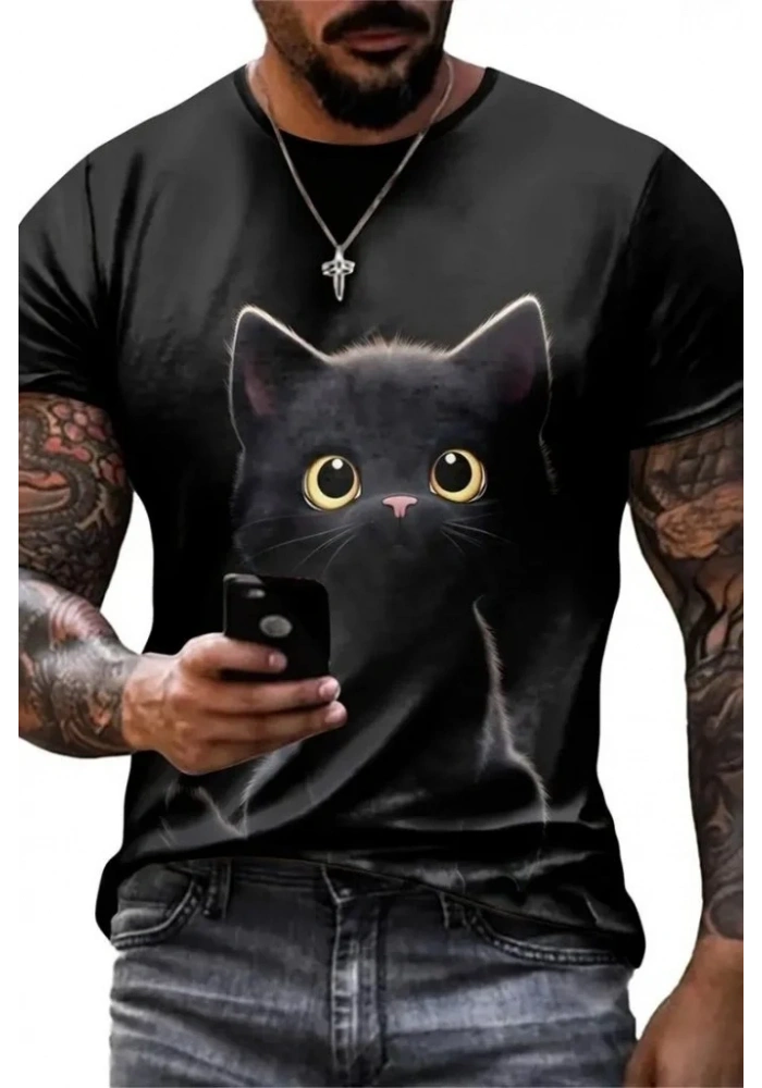 Erkek Bisiklet Yaka Kedi Baskılı Süprem T-shirt