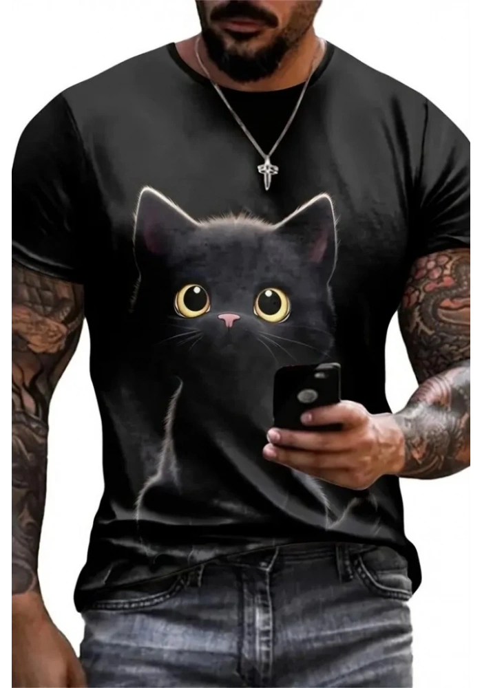 Erkek Bisiklet Yaka Kedi Baskılı Süprem T-shirt