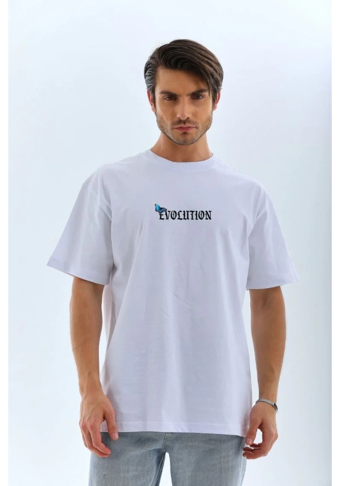 Erkek Kısa Kol Yazlık Tişört Bisiklet Yaka KELEBEK Baskılı T-Shirt - Beyaz