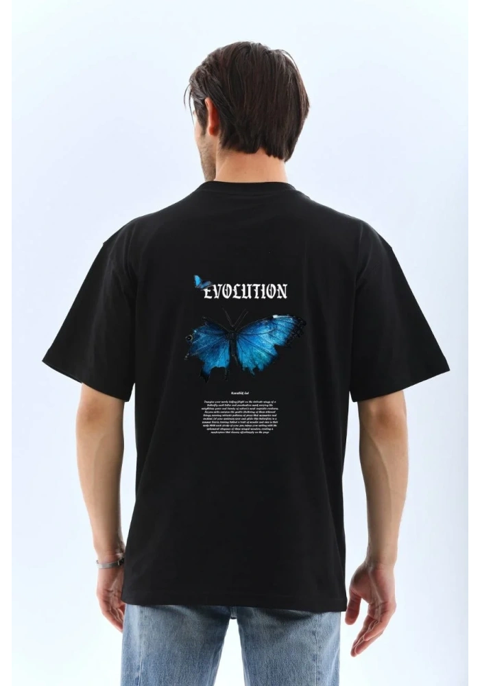 Erkek Kısa Kol Yazlık Tişört Bisiklet Yaka KELEBEK Baskılı  T-Shirt - Siyah