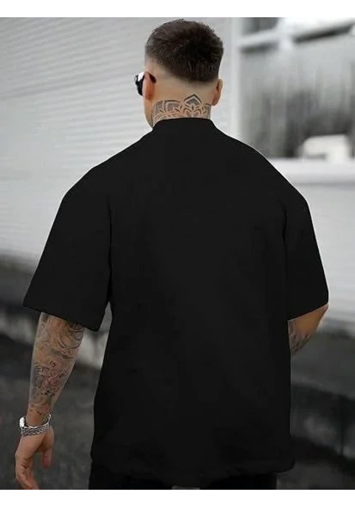 Erkek Kısa Kol Yazlık Tişört Bisiklet Yaka GÜL Baskılı T-Shirt - Siyah
