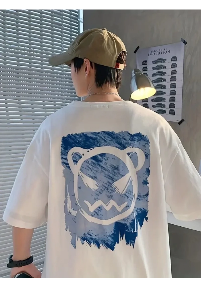 Erkek Tişört Bisiklet Yaka Kore sevimli ayı baskı Kısa Kol T-Shirt  - Beyaz