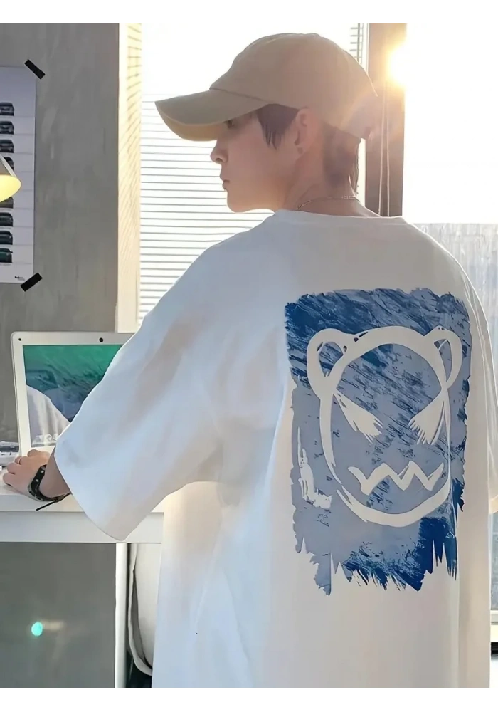 Erkek Tişört Bisiklet Yaka Kore sevimli ayı baskı Kısa Kol T-Shirt  - Beyaz