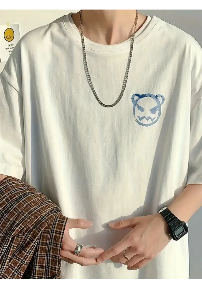 Erkek Tişört Bisiklet Yaka Kore sevimli ayı baskı Kısa Kol T-Shirt  - Beyaz