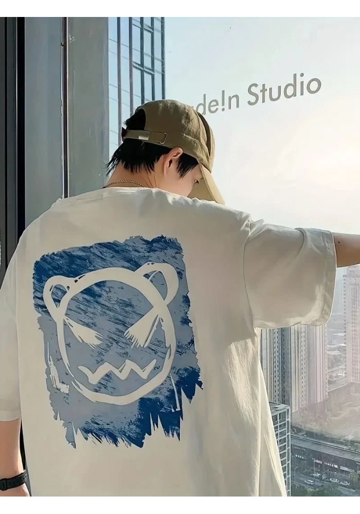 Erkek Tişört Bisiklet Yaka Kore sevimli ayı baskı Kısa Kol T-Shirt  - Beyaz