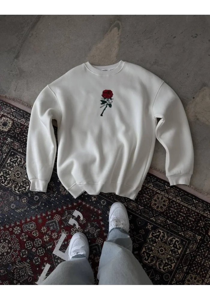 ERKEK 3 iplik Pamuklu Bisiklet Yaka Ön Ve Arka Baskılı SweatShirt -  Beyaz