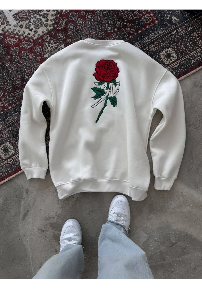 ERKEK 3 iplik Pamuklu Bisiklet Yaka Ön Ve Arka Baskılı SweatShirt -  Beyaz