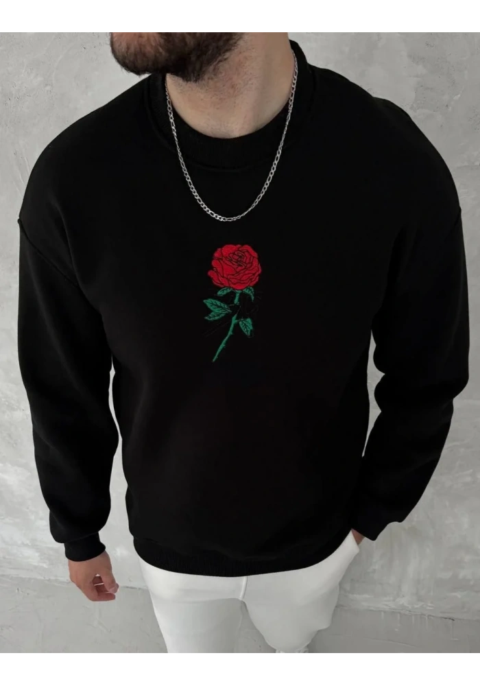 ERKEK 3 iplik Pamuklu Bisiklet Yaka Ön Ve Arka Baskılı SweatShirt - Siyah