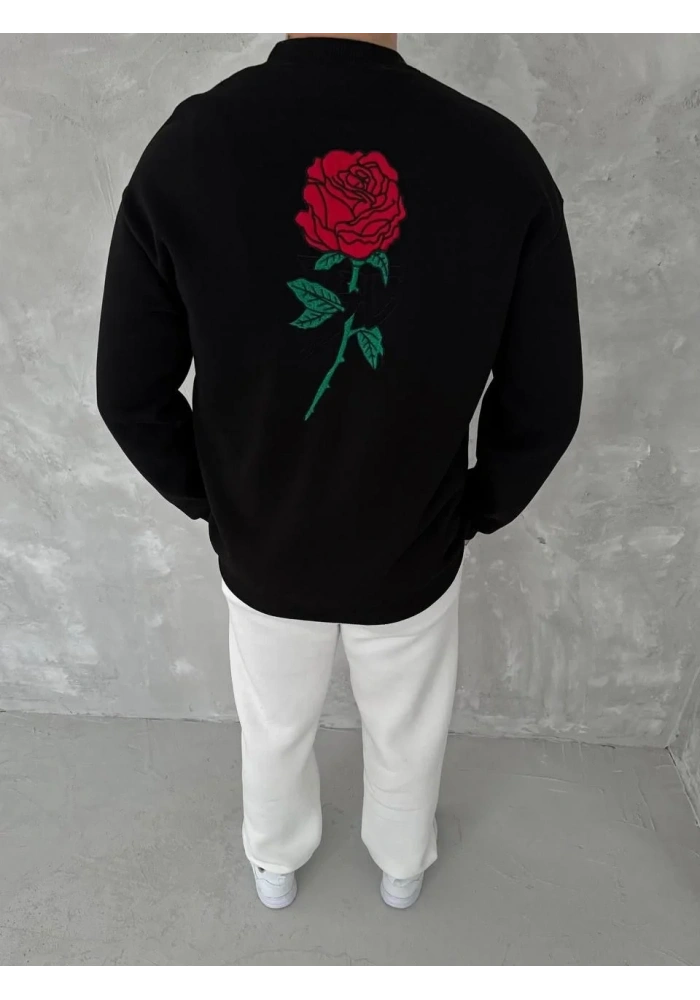 ERKEK 3 iplik Pamuklu Bisiklet Yaka Ön Ve Arka Baskılı SweatShirt - Siyah