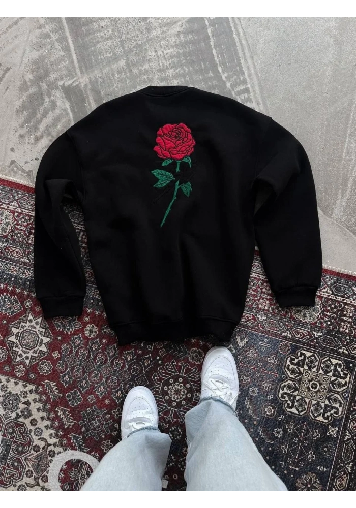 ERKEK 3 iplik Pamuklu Bisiklet Yaka Ön Ve Arka Baskılı SweatShirt - Siyah