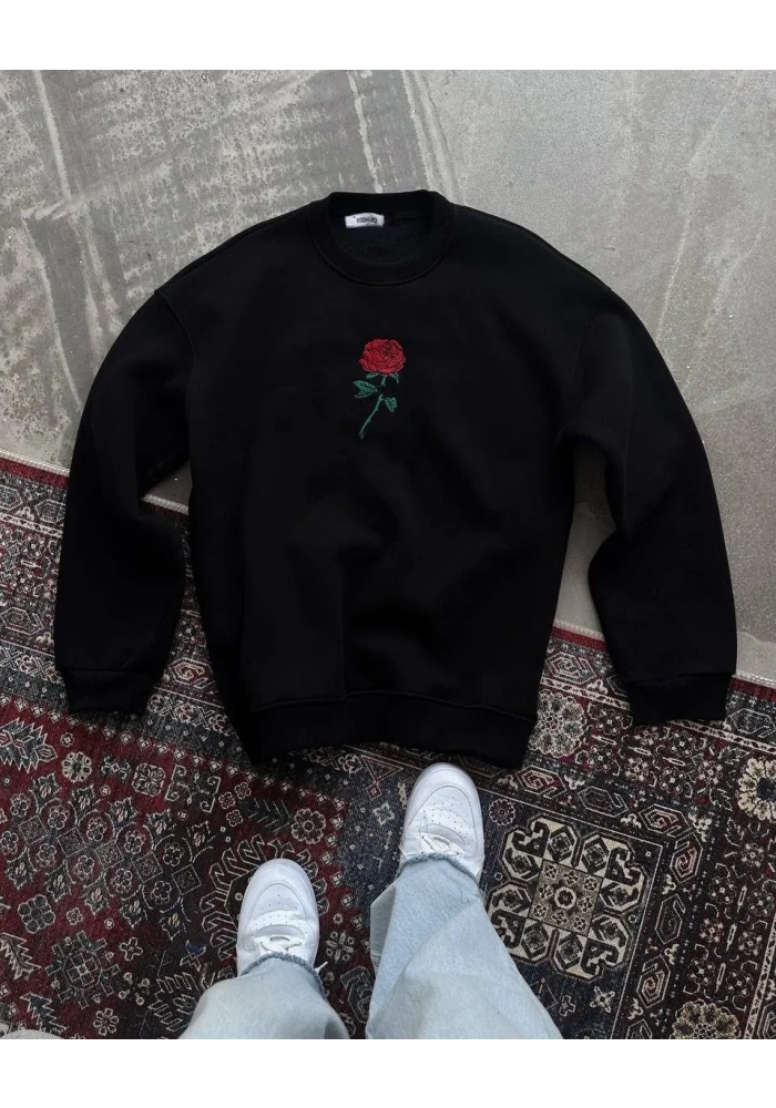 ERKEK 3 iplik Pamuklu Bisiklet Yaka Ön Ve Arka Baskılı SweatShirt - Siyah
