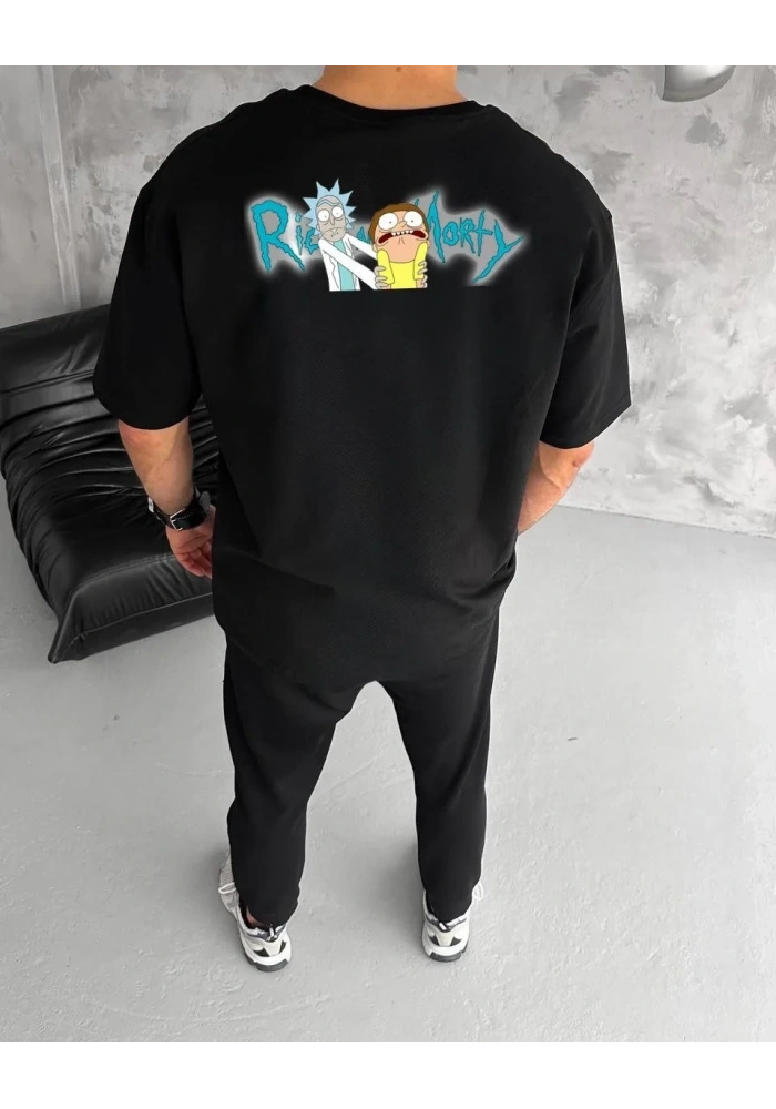 Erkek Kısa Kol Tişört Bisiklet Yaka RİCK AND MORTY Baskılı T-Shirt - Siyah