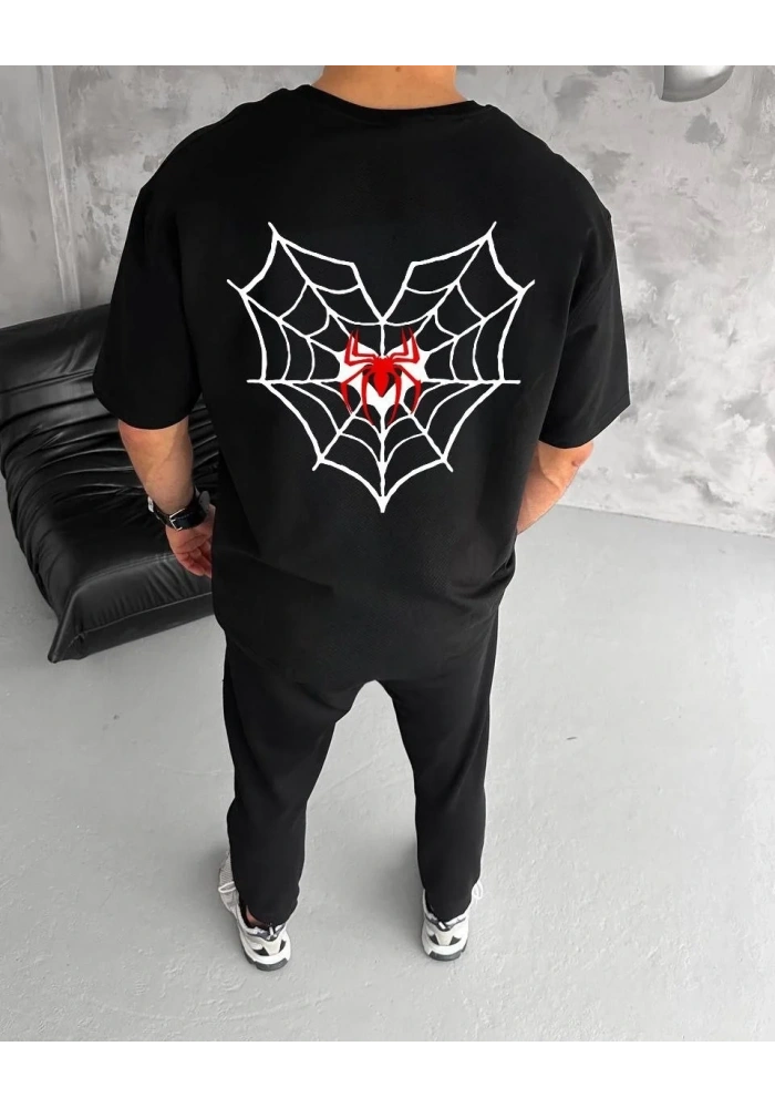 Erkek Kısa Kol Tişört Bisiklet Yaka ÖRÜMCEK Baskılı Oversize T-Shirt - Siyah