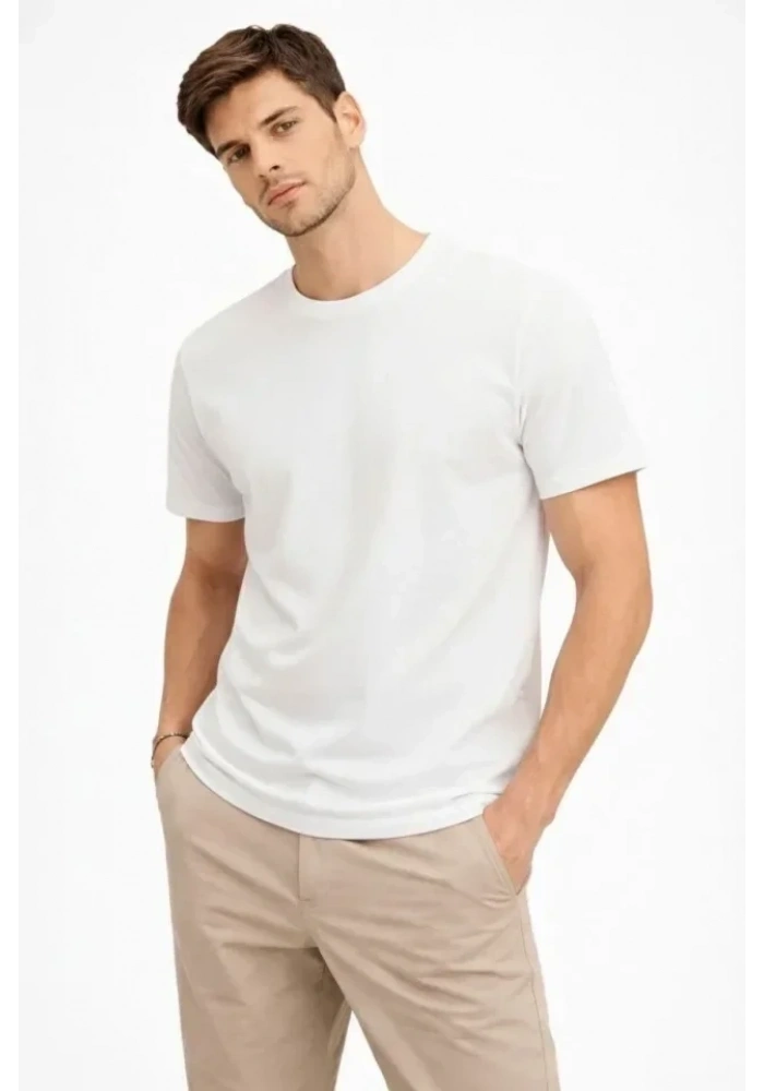 Erkek Bisiklet Yaka Tişört Regular Kalıp Basic Pamuklu Günlük Kullanım T-shirt - Beyaz